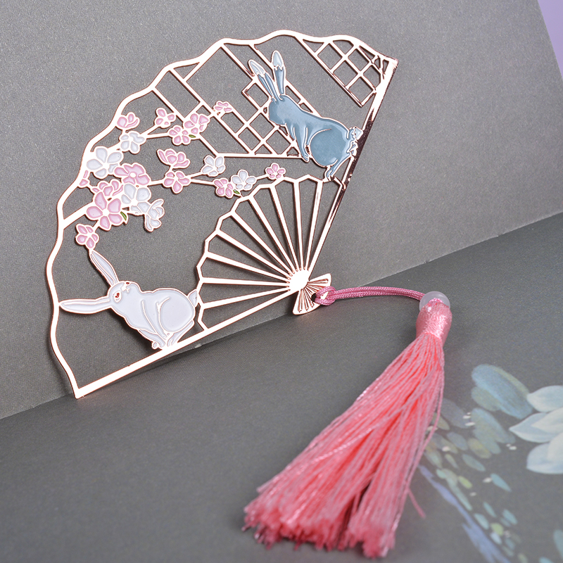 古典桃花扇折扇金属书签中国国风流苏文艺礼品书签