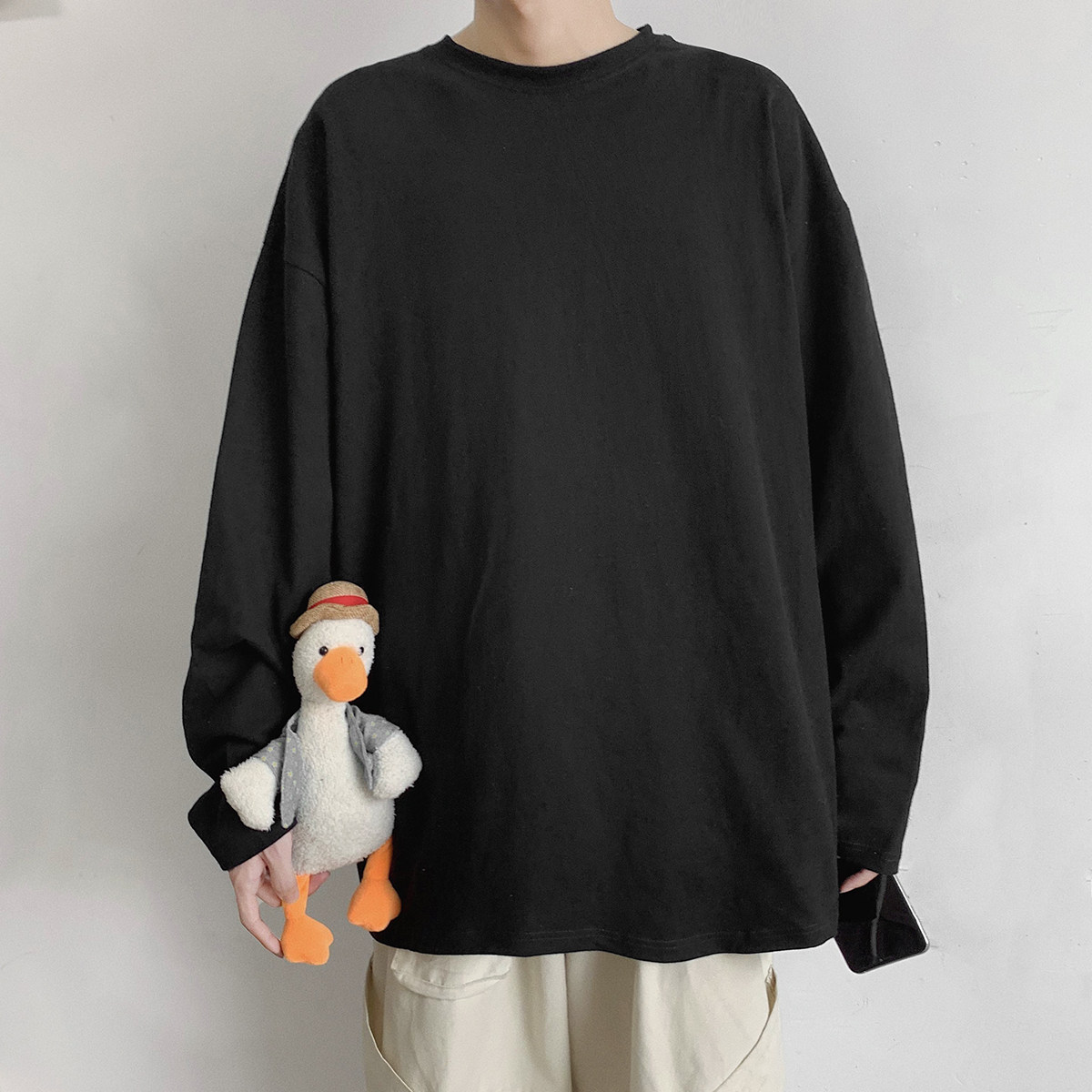 oversize纯色长袖恤男加大潮流胖子圆领宽松打底t恤