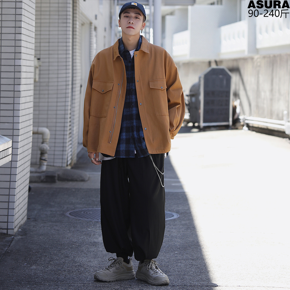 oversize夹克男特加肥加大码潮流胖子翻领外套宽松春季装日系复古