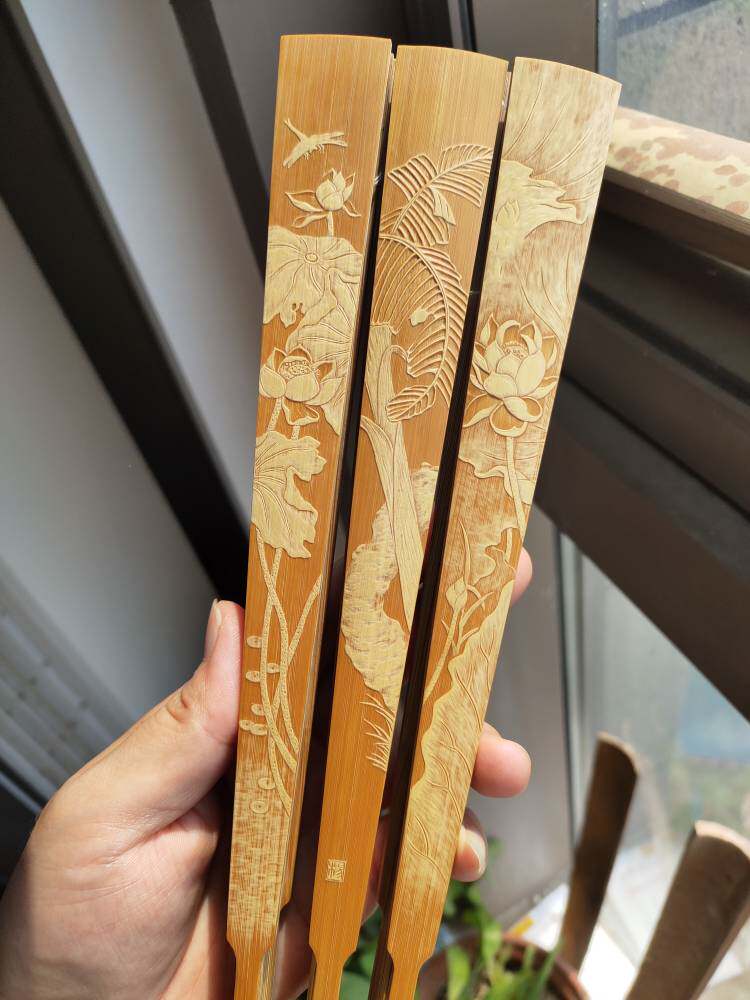 吉木堂名家竹根雕留青竹刻10寸折扇扇骨白菜工艺扇