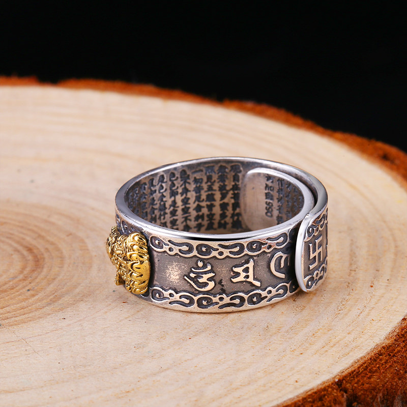 罗泰老银匠990纯银守护神佛戒本命年生肖戒指男个性