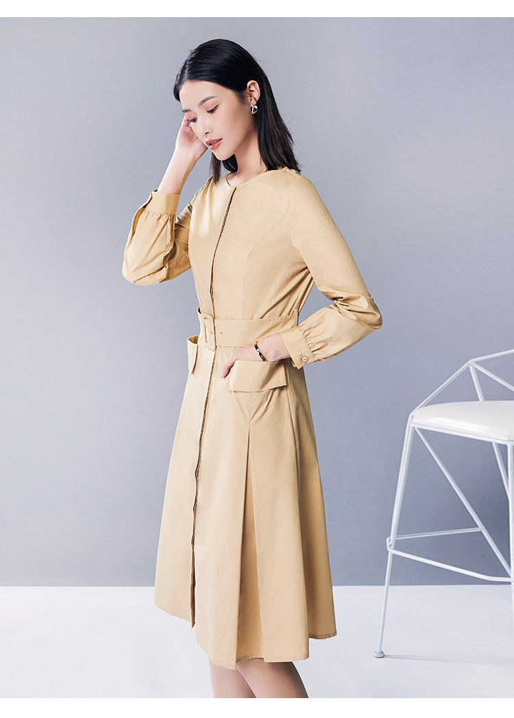 h2021春季女装时尚优雅圆领纯色插袋腰带连衣裙连衣裙