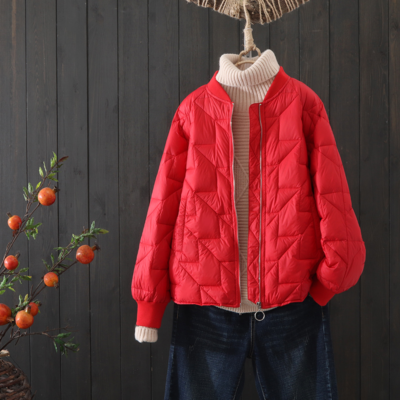 立领羽绒服女2020冬季新款文艺棒球服上衣轻薄白鸭绒短款羽绒外套