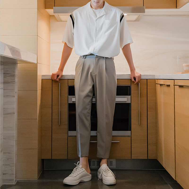 西西里男装夏季纯色西装裤子男韩版潮流宽松直筒男士九分休闲西裤