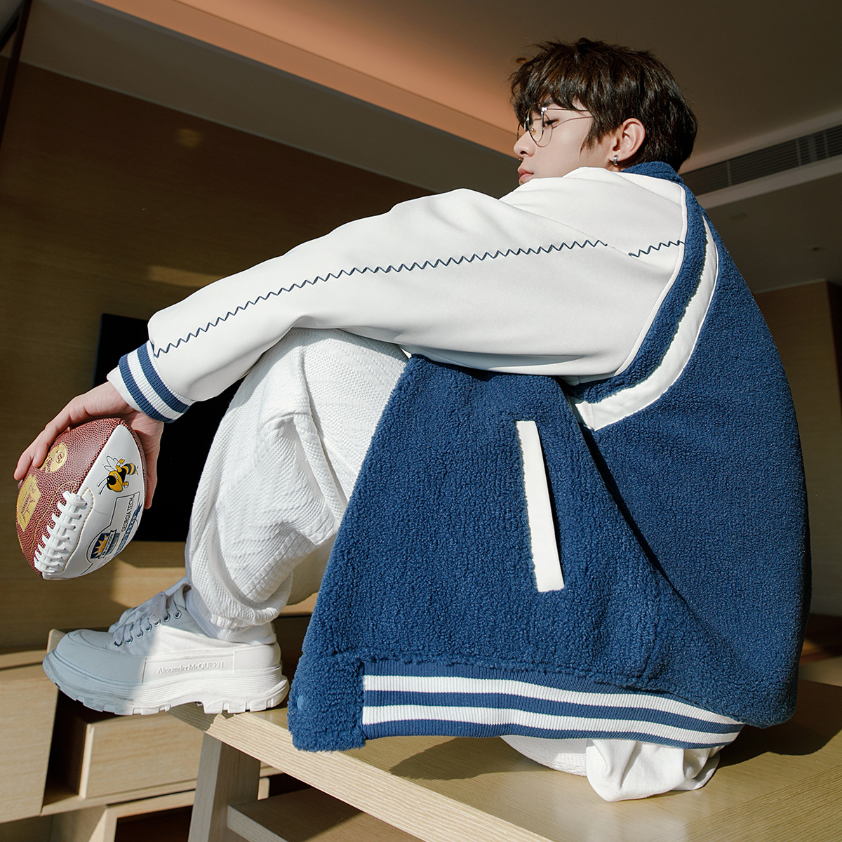 CHICERRO西西里男装美式宽松羊羔绒撞色棒球服男冬季加厚潮牌外套