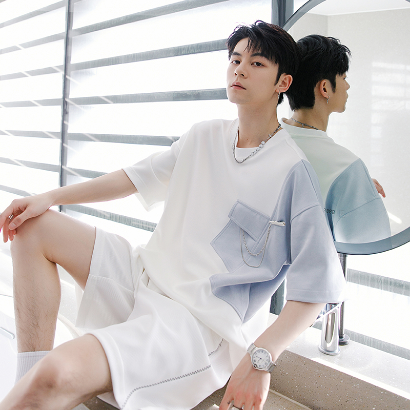 CHICERRO西西里男装拼接撞色设计感小众宽松休闲短袖t恤上衣夏季