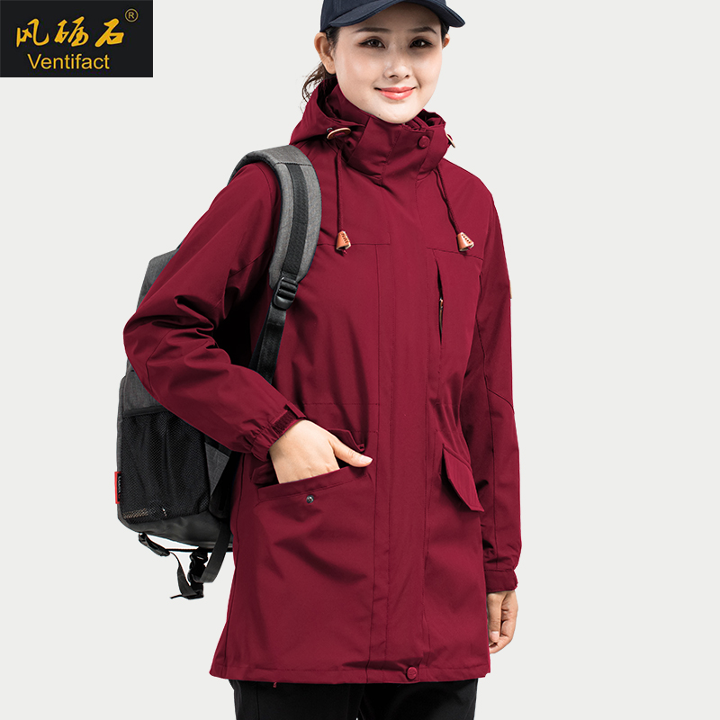 冲锋衣外套女2022新款秋冬中长款三合一可拆卸收腰加绒加厚登山服
