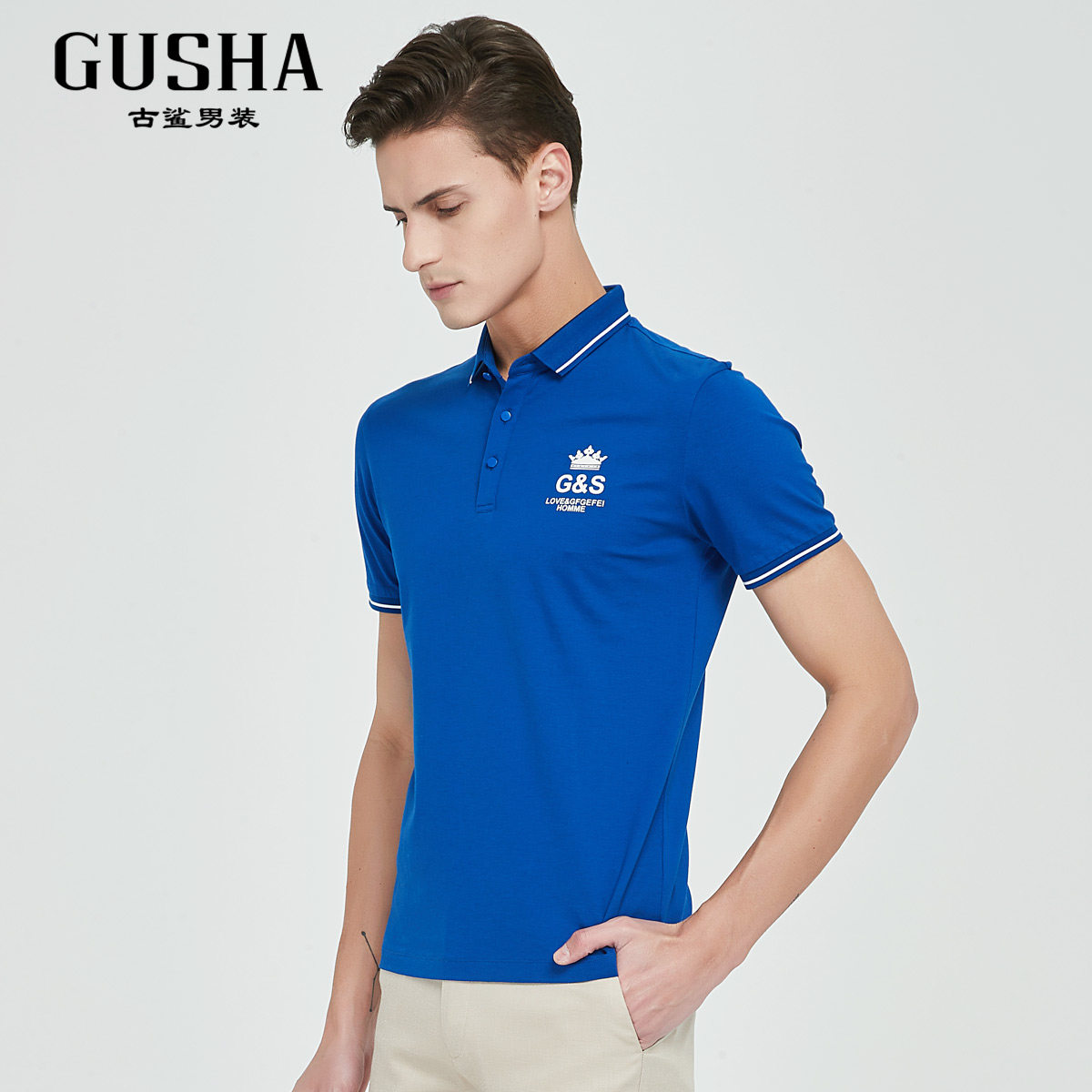古鲨夏季新款翻领时尚商务休闲纯色刺绣polopolo衫
