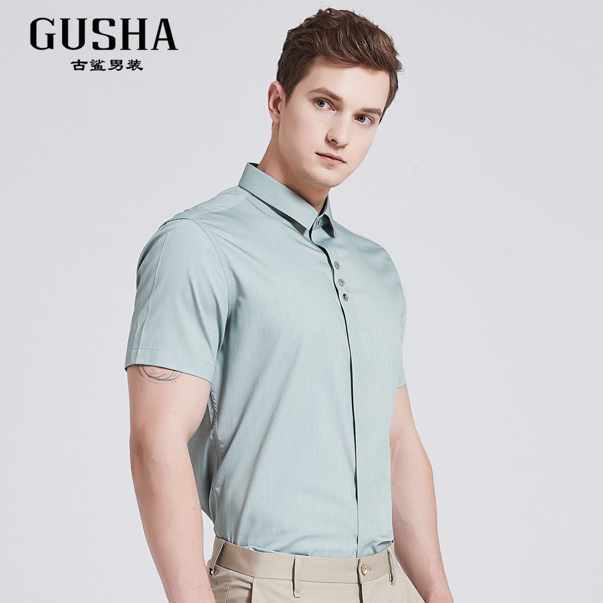 古鲨夏季新款绿色镜面面前圆形铁片短袖衬衫衬衫