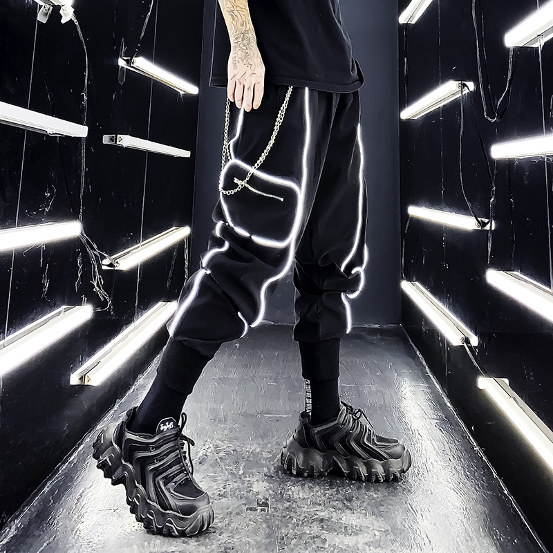 追程ins秋冬加绒加厚口袋工装裤男潮牌束脚裤炸街反光夜光收脚裤