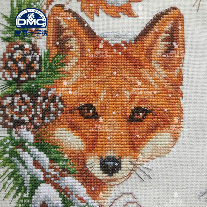 dmc十字绣套件客厅卧室精准印花冬季花环狐狸十字绣套件