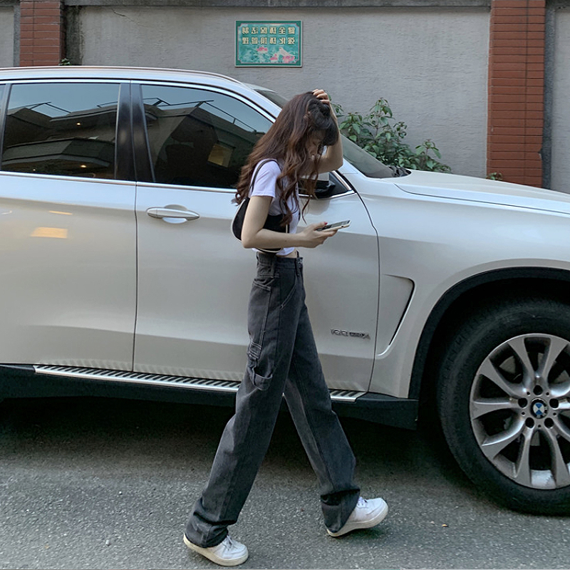 牛仔裤女宽松工装风显瘦欧美ins复古高腰烟灰色泫雅休闲阔腿百搭