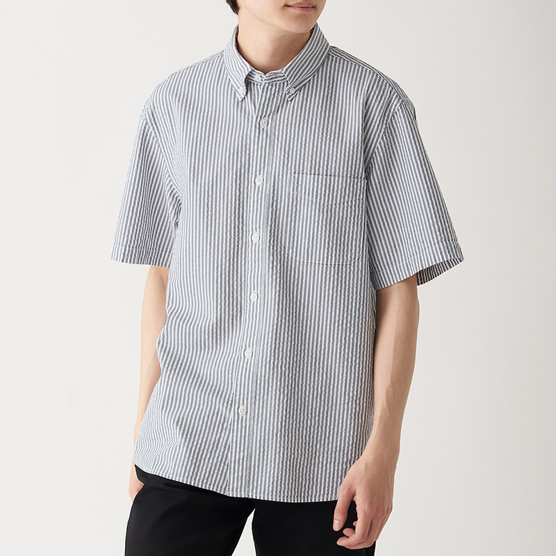 无印良品 MUJI 男式 新疆棉泡泡纱条纹 纽扣领短袖衬衫