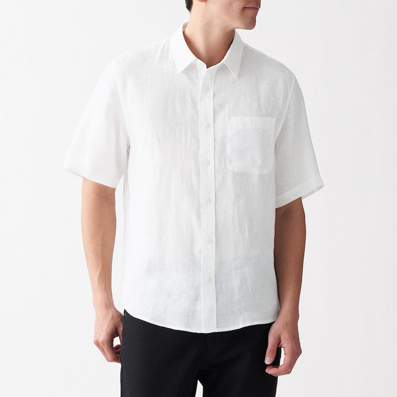 无印良品 MUJI 男式 法国亚麻水洗 短袖衬衫 683523