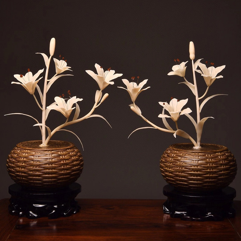 观因缘天然沉香实心百合花镶嵌牙雕艺工工艺品摆件摆件