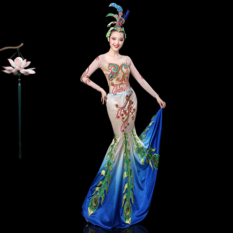 傣族舞蹈服装2019春夏新款成人修身孔雀舞演出服少数民族鱼尾裙女