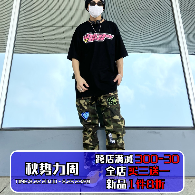 TLKS 国潮21SS迷彩长裤徽章仔织带街头青春休闲裤宽松直筒工装裤