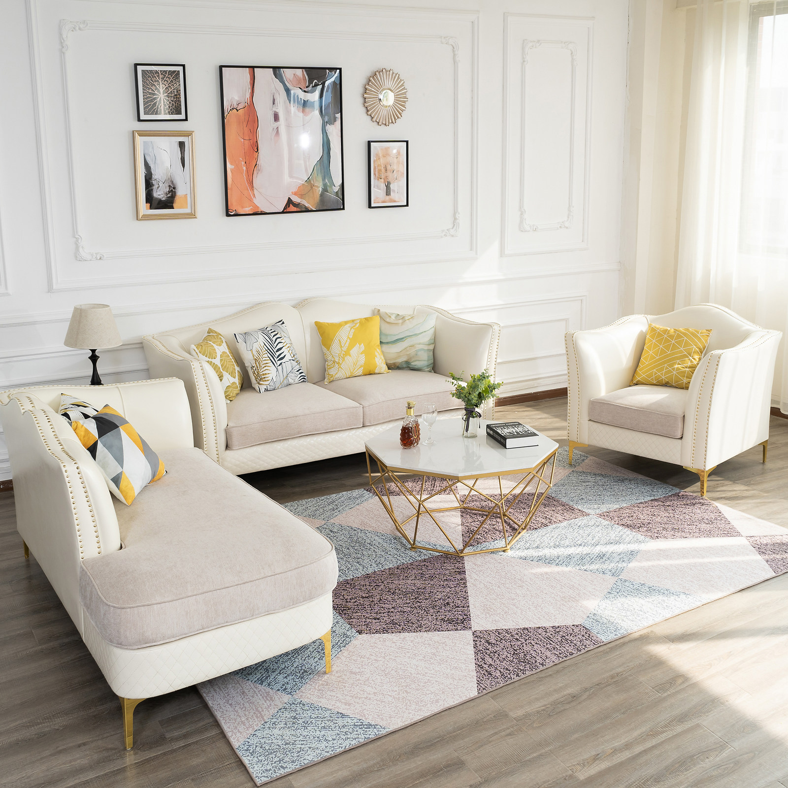 客厅简约大小户型贵妃极简三人组合美式白色皮沙发_双氙车灯改装网