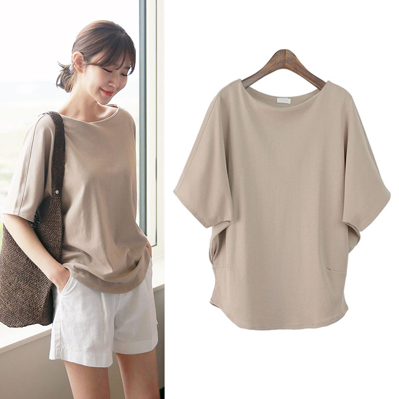 春夏棉短袖t恤女宽松大码女装五分中袖一字圆领上衣纯色遮肚子衫