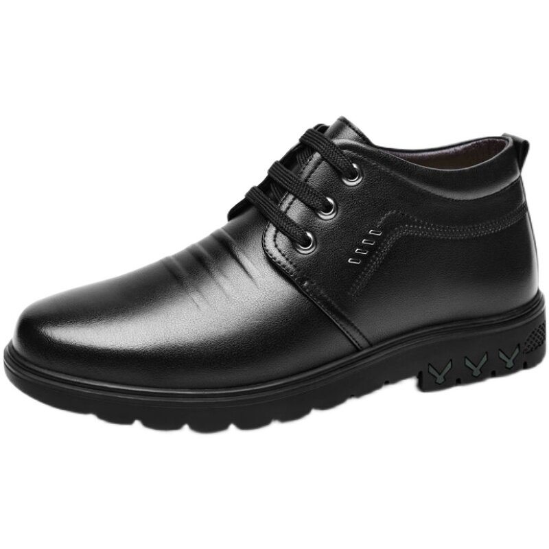 稻草人男鞋冬季保暖加绒加厚雪地真皮休闲鞋中老年高帮鞋