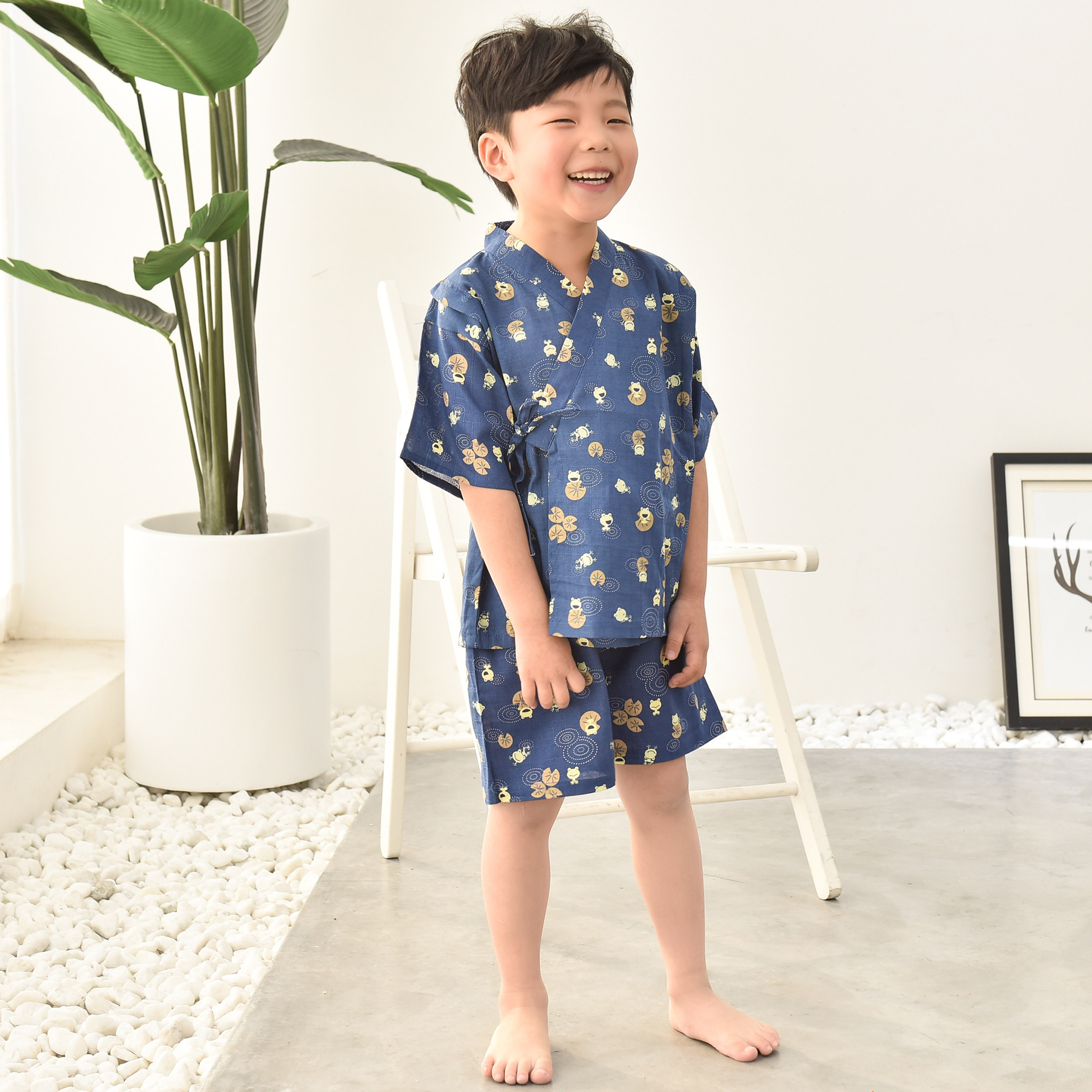 日本男孩睡衣派对宝宝和服套装荷塘月色儿童家居服家居服套装