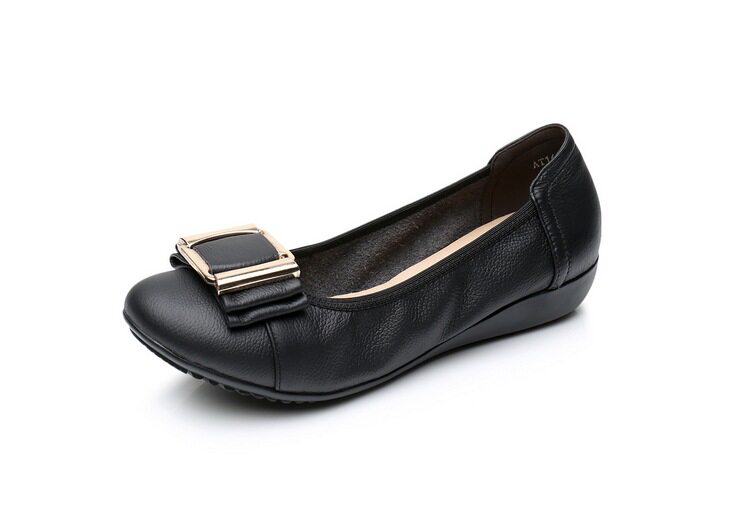 妈妈真皮平跟浅口女鞋圆头平底单鞋头牛皮休闲单鞋