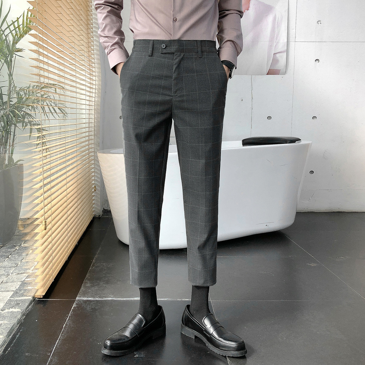 秋季男士休闲格子西裤修身小脚青年韩版商务休闲裤