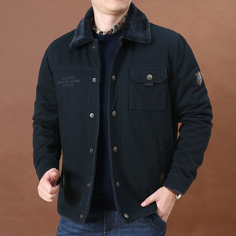 加绒加厚纯棉夹克衫男士秋冬多袋翻领工装外套夹克