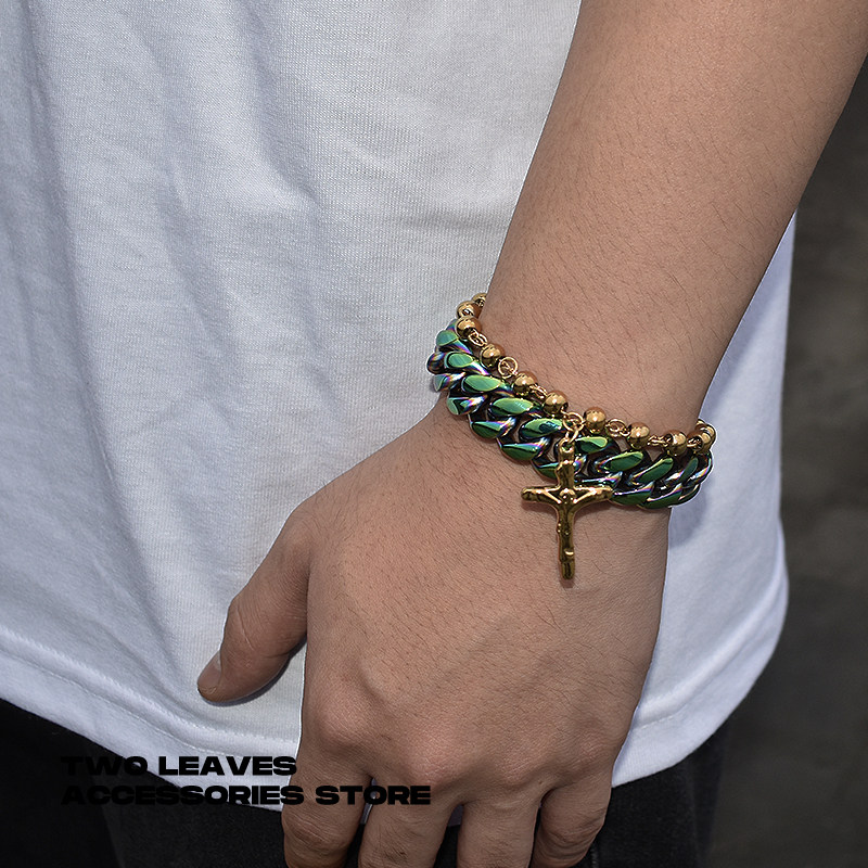 two leaves 炫彩古巴手链淬火彩色镭射嘻哈男女钛钢百搭个性潮流