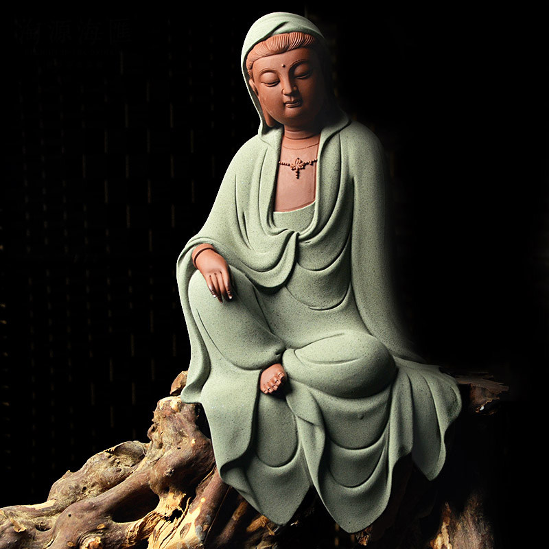 中式家居陶瓷自在观音菩萨佛像禅意人物雕塑摆件