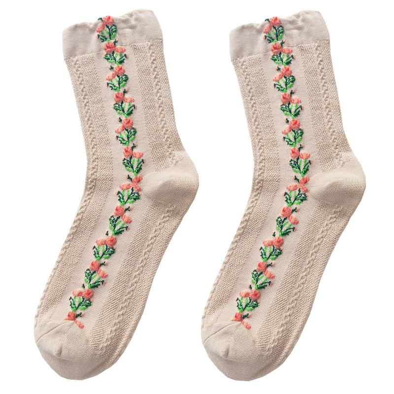 秋冬学院筒袜中筒花朵百搭袜子女碎花花纹麻花中筒袜