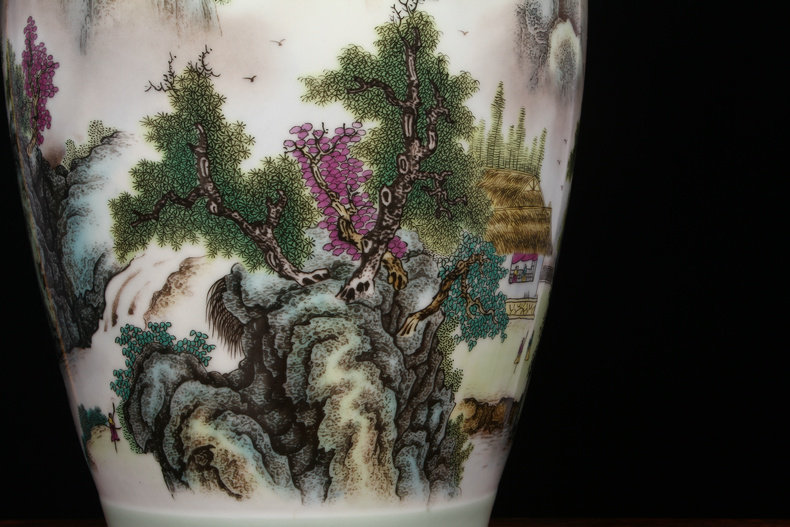 景德镇陶瓷器朱武古典装饰粉彩山水花瓶客厅家居花瓶