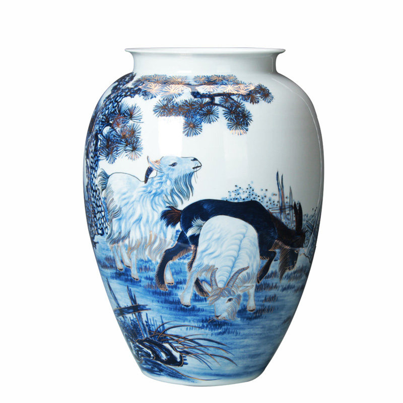 花瓶景德镇陶瓷器名家描金青花瓷三羊开泰收藏礼品工艺品花瓶