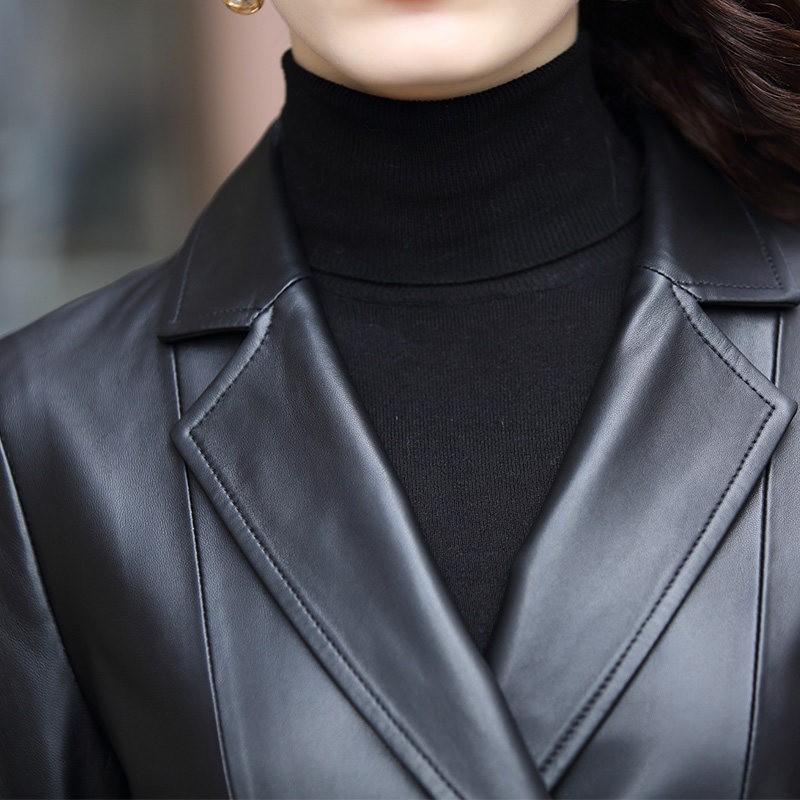 帛缇2018秋新款时尚简约绵羊光皮风衣外套系带气质真皮皮衣女t745