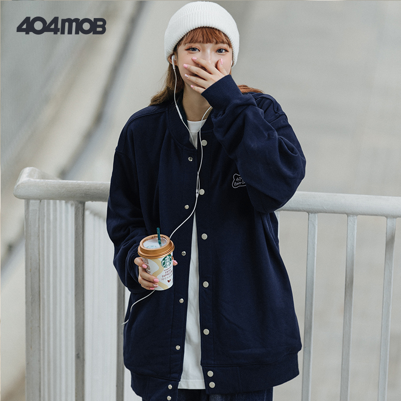 404MOB秋季刺绣棒球服外套男女复古街头宽松潮流百搭纽扣情侣夹克
