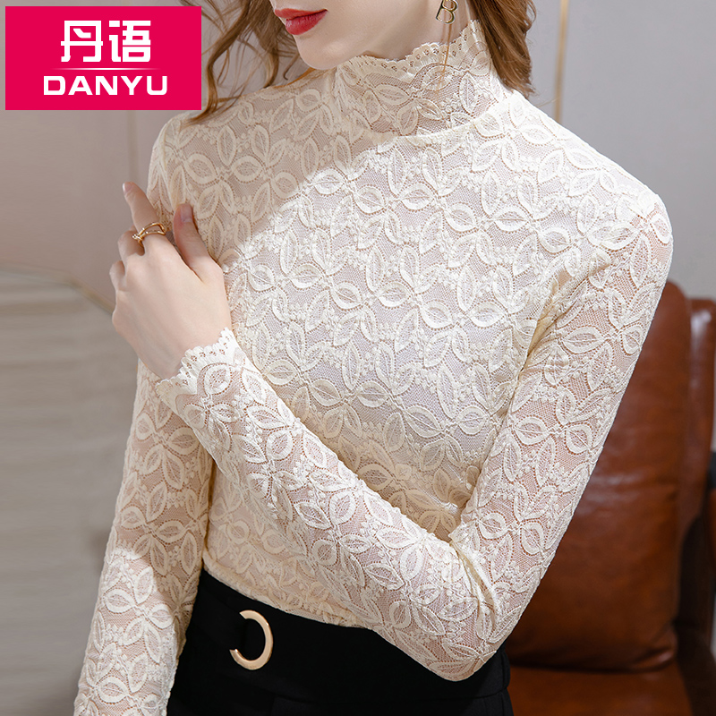 丹语秋冬新款蕾丝打底衫女钩花镂空洋气小衫蕾丝衫