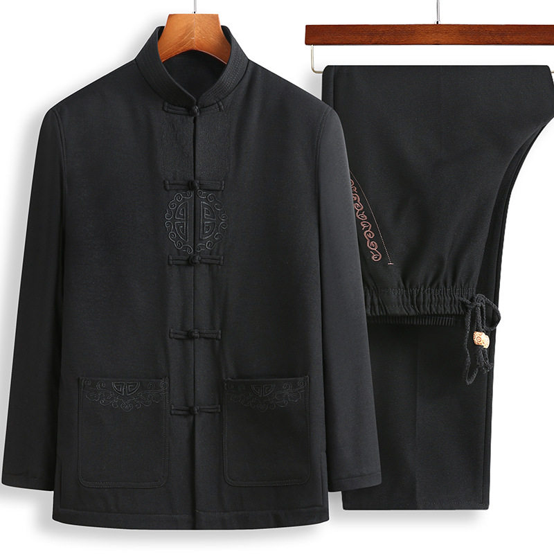春秋秋季中老年人男式唐装夹克黑色上下两件套装唐装
