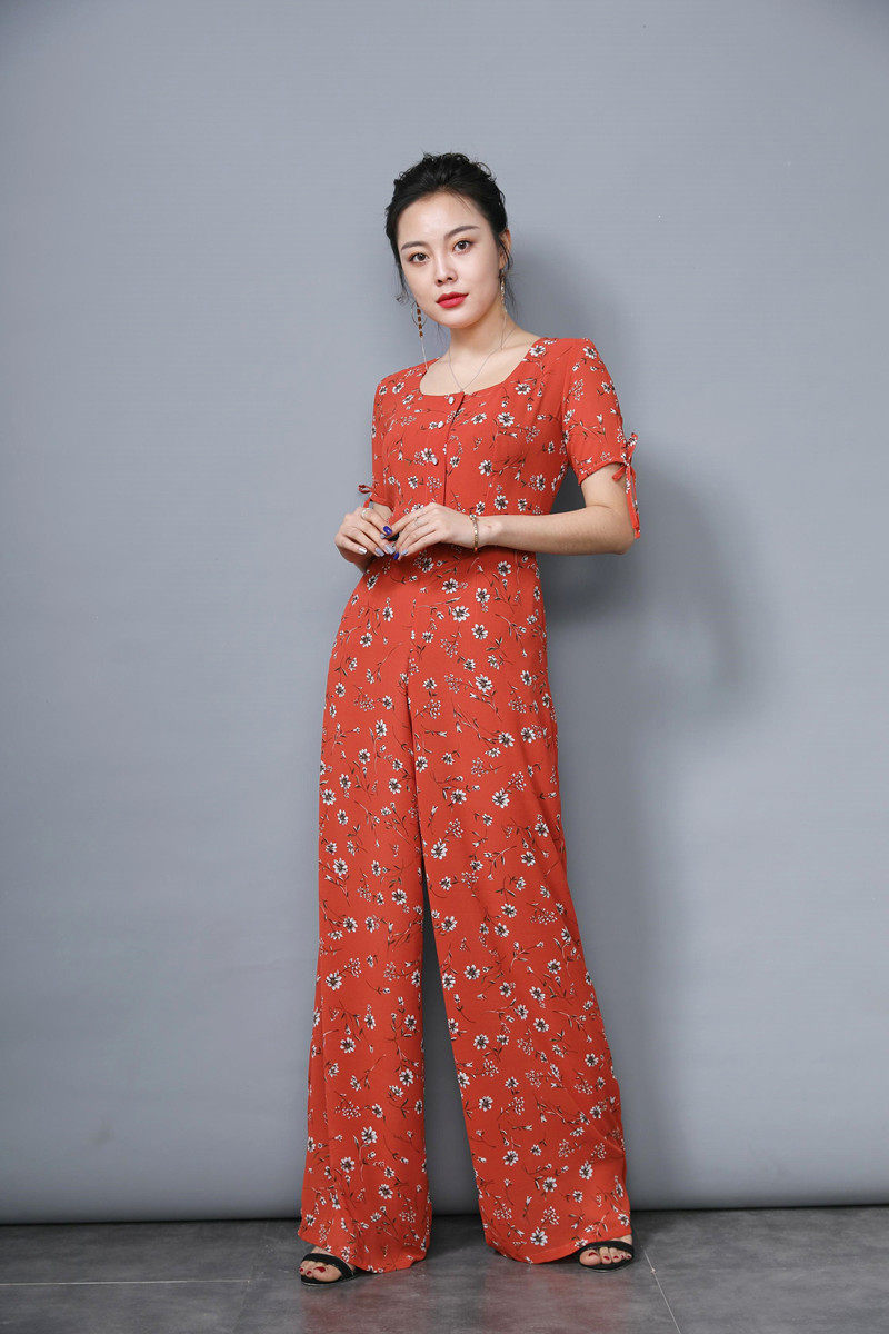 雪纺原创创显连体直通长裤方领裙裤碎花淑女休闲裤