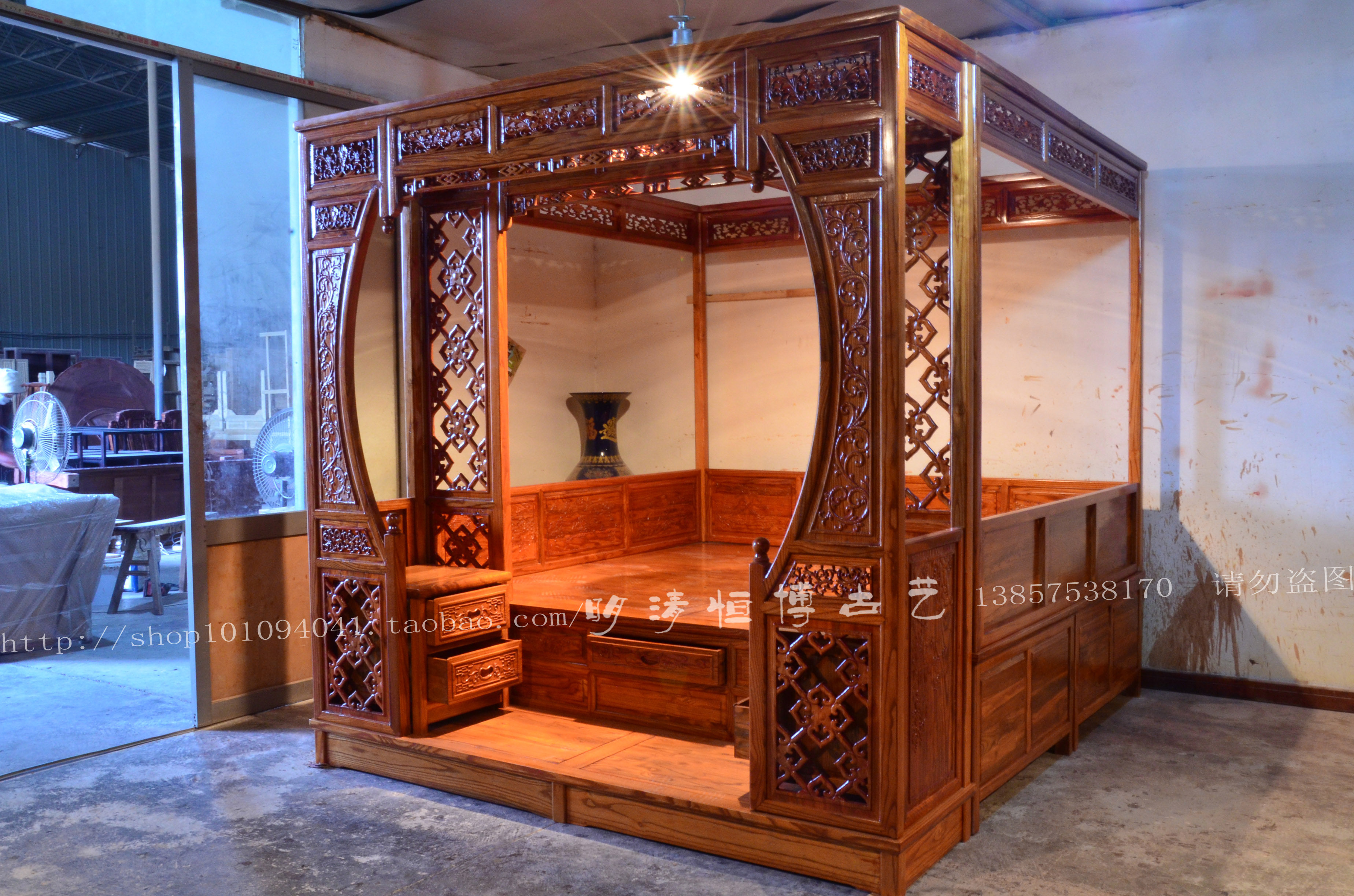 榆木踏步床架架子花好月圆拔步中式古典雕花大床拔步床