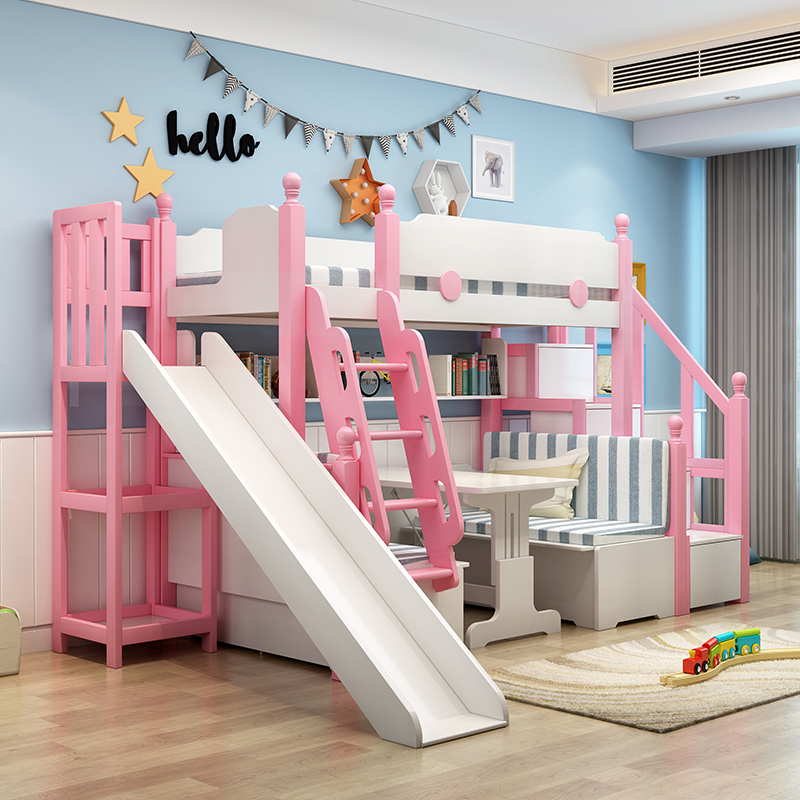 实木儿童上下床梯柜滑梯双层床子床上床下高低高低
