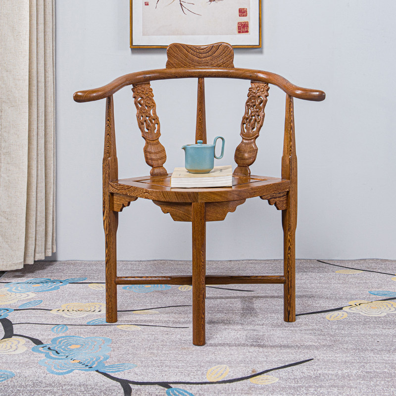 红木家具鸡翅木三角仿古中式休闲茶椅吧台椅子座椅圈椅