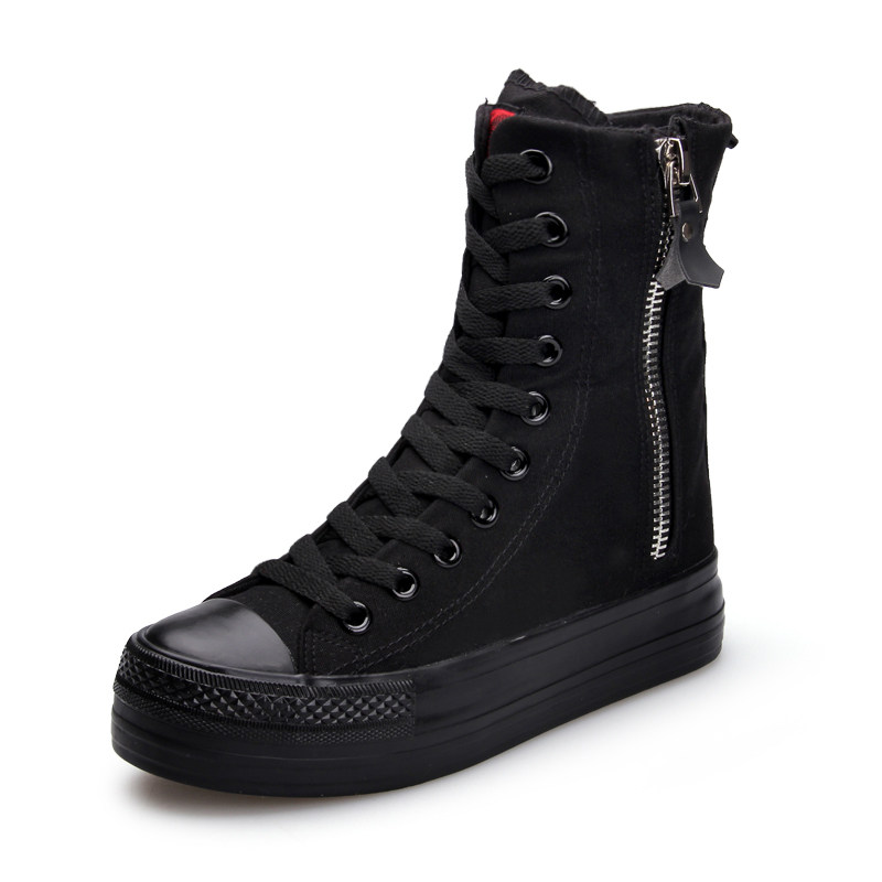 远步帆布鞋女全黑女式高帮松糕底侧拉链韩版百搭舒适学生女舞蹈鞋