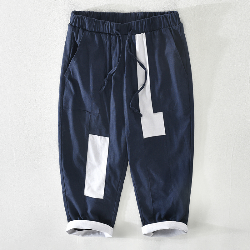 日系复古贴布棉麻七分哈伦裤男宽松休闲薄款小脚裤夏季亚麻萝卜裤