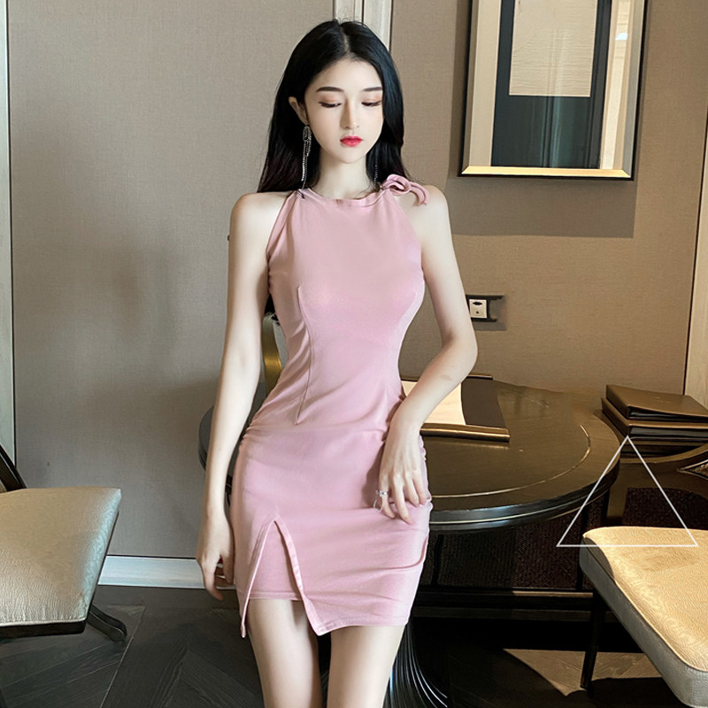 气质无袖背心性感夜店女装包臀开叉小短裙收腰连衣裙
