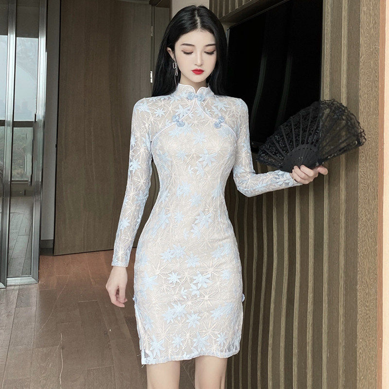 复古日常旗袍少女改良蕾丝长袖性感开叉宴会旗袍