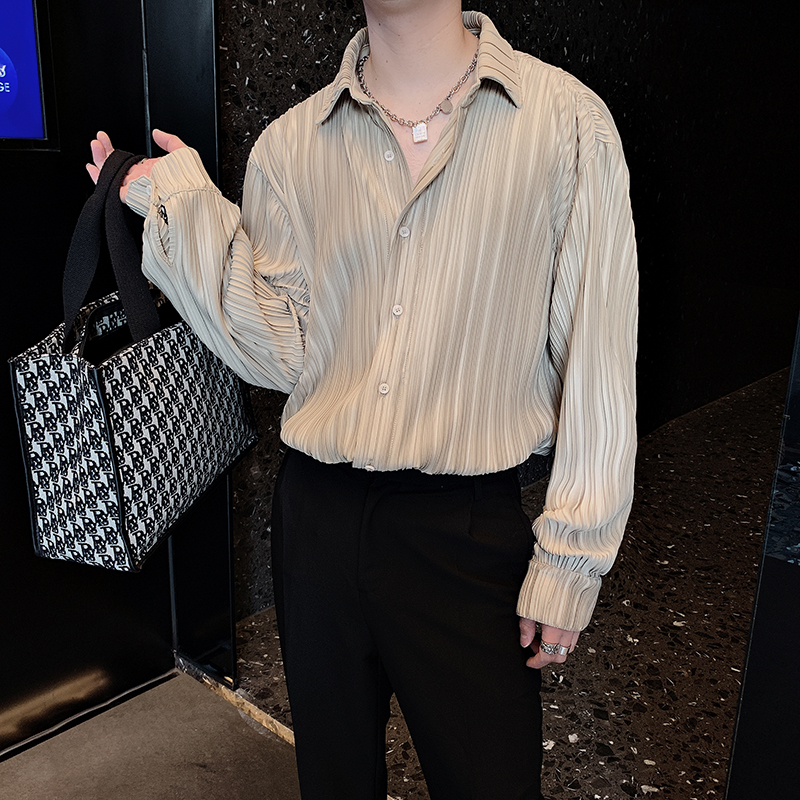 韩版网红褶皱面料轻奢小众高级设计感衬衫男士英伦痞帅休闲衬衣男