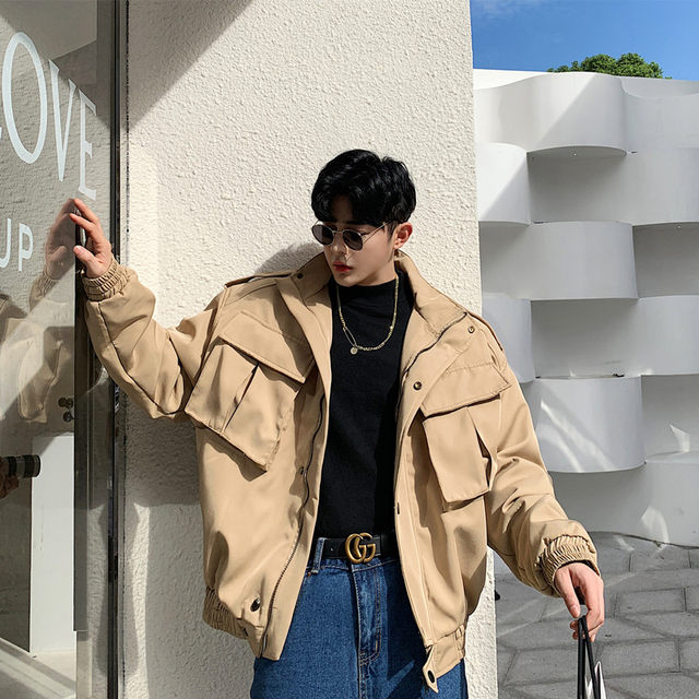 Japanese thickened multi-pocket short tooling stand-collar jacket men loose functional casual baseball collar cotton jacket men Japanese thickened multi-pocket short tooling stand-collar jacket men loose functional casual baseball collar cotton jacket men