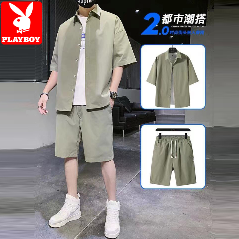 花花公子衬衫男短袖2022夏季新款潮牌薄款衬衣服痞帅气一套装搭配