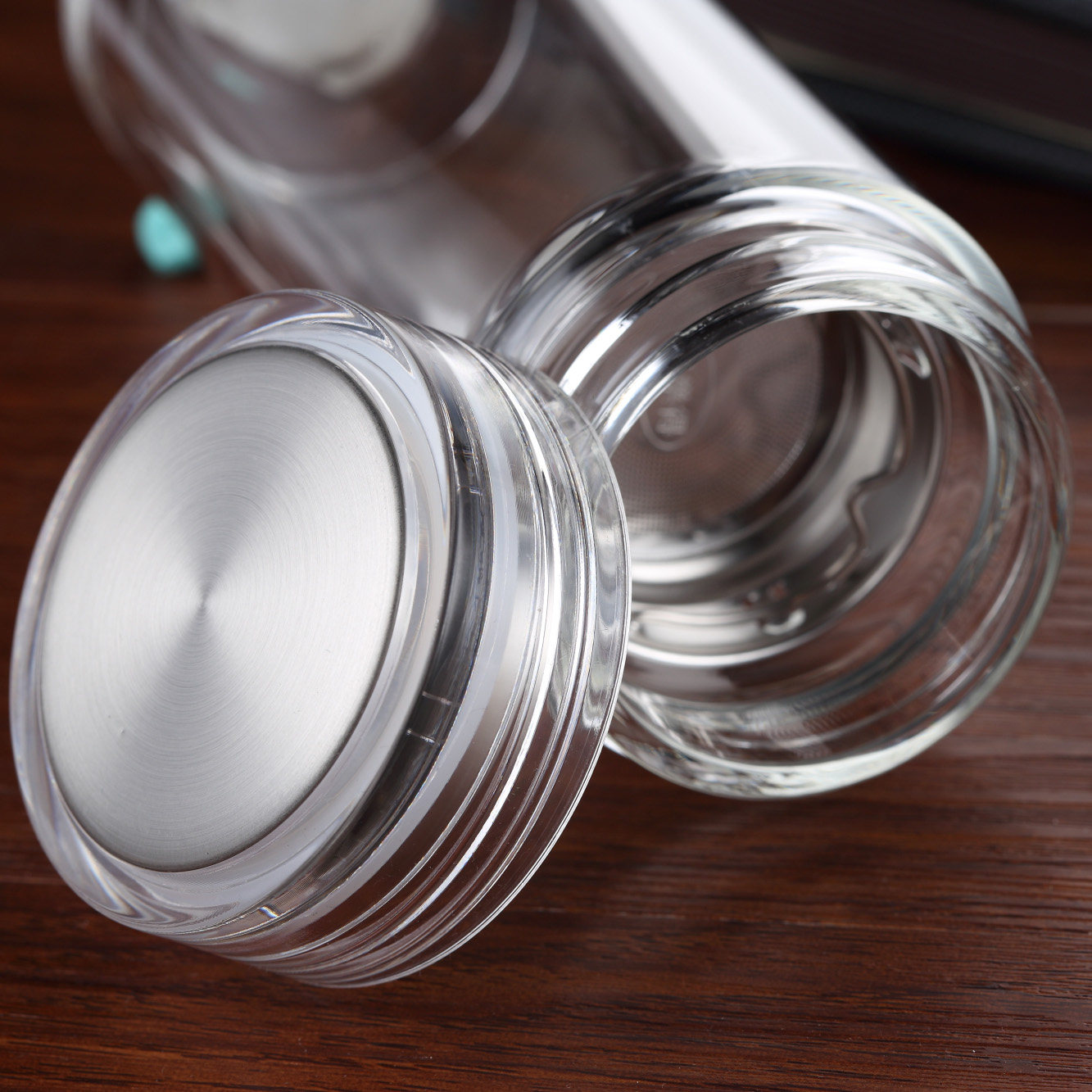 思乐得双层透明玻璃杯便携带盖过滤家用泡茶杯水杯子gdc-350wb