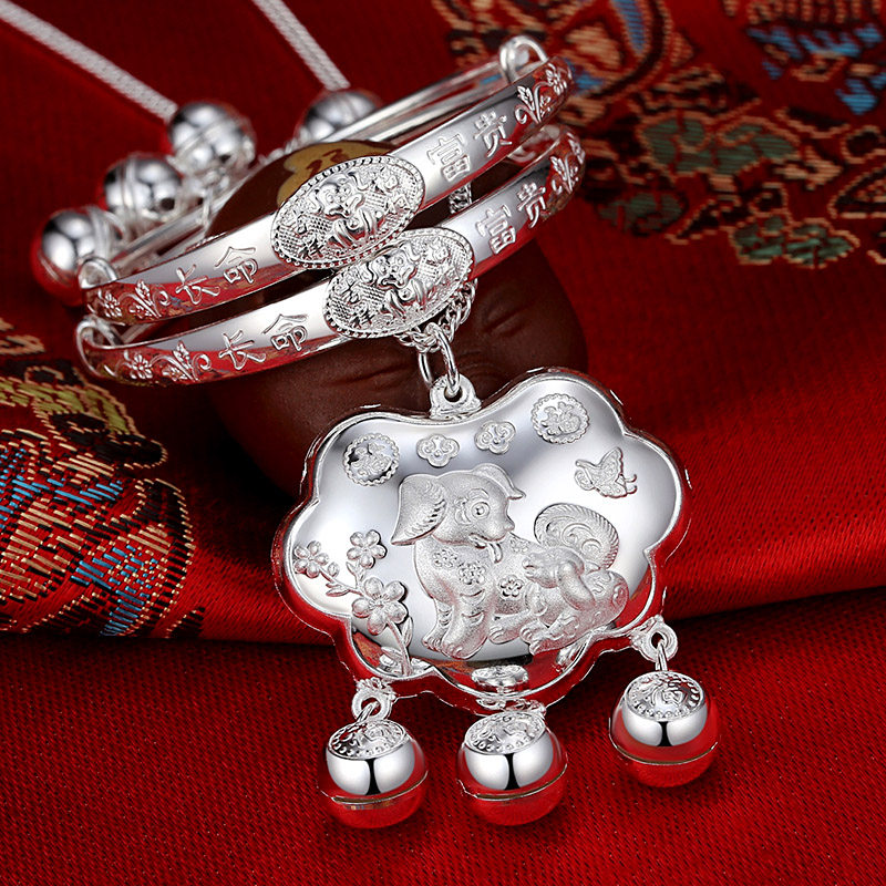 宝宝手镯婴儿银饰纯银长命儿童银锁小孩子满月手镯